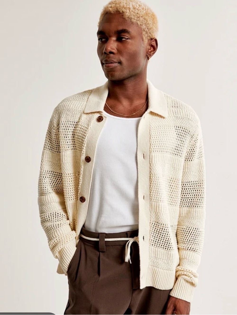 Abercrombie & Fitch Men’s Cropped Open Knit Button Cardigan Ivory Cotton
